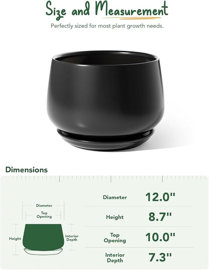 LE TAUCI Ceramic Planters, 12 Inch Pots for Plants, Indoor Plant Pots with Drainage Holes and Saucers, Modern Planters Fit Mid Century Plant Stand, Flower Pots for Indoor Plants, Black