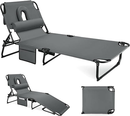 3-in-1 Sun Tanning Chair with Face Holes, Folding Chaise Lounge Chairs, 5-Position Adjustable Lounge Chair Outdoor with 2 Side Pocket & Pillow, for Pool Beach, Patio, Camping, Grey