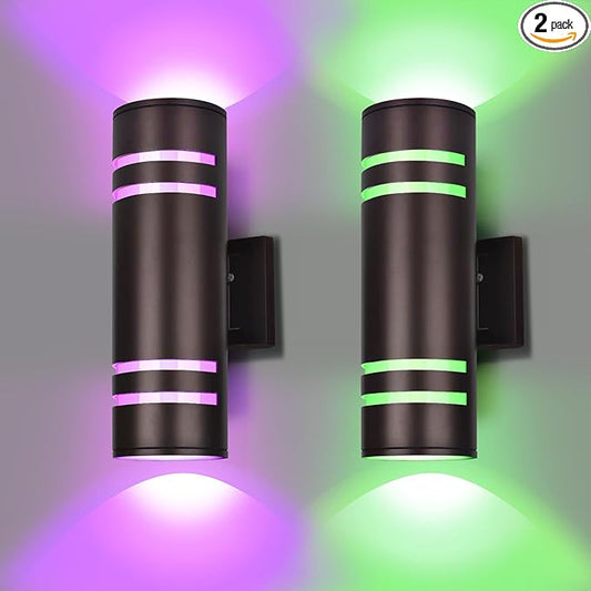 Smart Outdoor Wall Lights Color Changing 2 Pack, RGB+2700K-6500K Modern Exterior Lighting Fixtures Cylinder Outside Wall Sconce with Glass, WiFi APP Control Up Down Outdoor Porch Lights