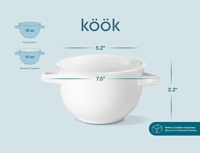 KooK Soup Bowls, French Onion Crocks, Oven Safe Dishware, Mugs, Ceramic Set, Dishwasher, Microwave, Set of 4, 18 oz (White)
