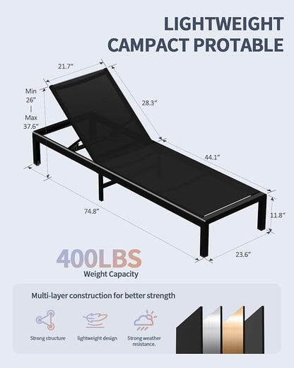 Aluminum Lounge Chairs Outdoor Chaise Furniture,2 Sets Patio Metal Deck Lounger Adjustable 5-Position Poolside Chase Recliner with Wheels for Beach,Coffee Table, (Black, 2 Chairs + Table)