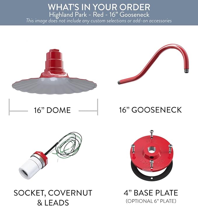 Steel Lighting Co. Highland Park Barn Light | Outdoor Wall Mounted | 16 inch Radial Wave | 16 inch Gooseneck | Vintage Style Made in America | Red Exterior/White Interior
