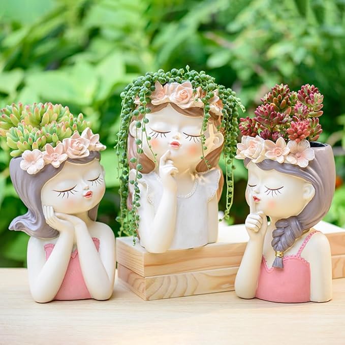 Fairy Girl face planters, Cute Succulent pots for Indoor and Outdoor Plants,Resin Head Planter Pots with Drainage Hole(Medium-Listening)