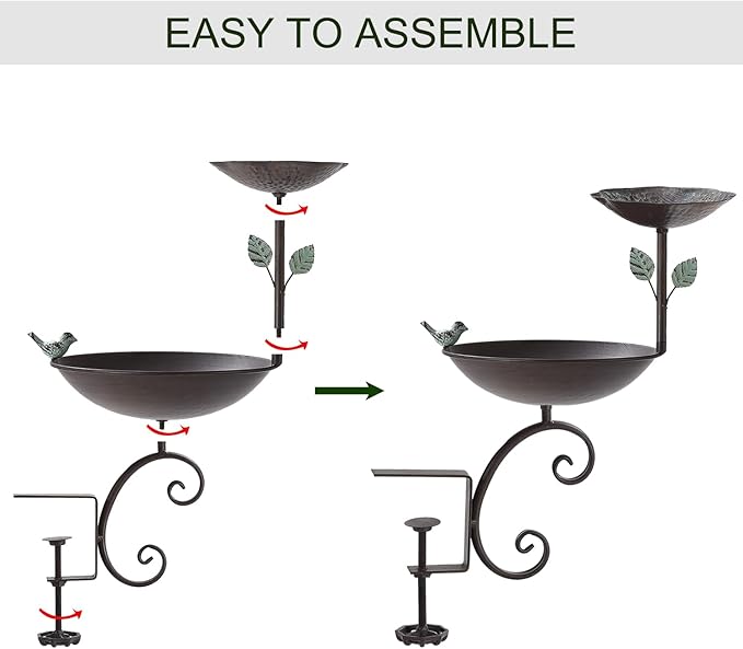 Bird Bath for Deck Railing, 2 in 1 Balcony Bird Feeder and Baths for Outdoors, Detachable Outdoor Birdbath with Heavy Duty Clamp, Weather Resistance Suitable for Garden Porch Backyard