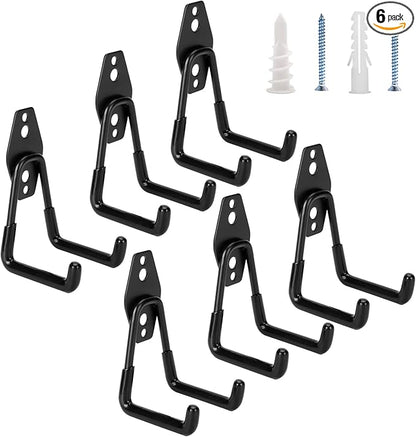 6 Pack Garage Hooks Heavy Duty - Supports 100 lbs, Utility Steel Garage Hanger & Organizer for Organizing Garden Lawn Tools, Ladders, Garden Hose, Digging Shovel, Bikes, Ropes