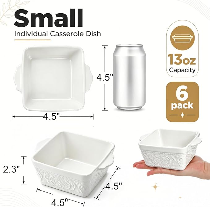 6 Pack 13 OZ Ceramic Baking Dishes, 4.5" Mini Square Bakeware Set, Small Baking Pan with Handle, Individual Casserole Dish for Oven, Roasting, Lasagna, Pie, Gratin, Microwave Safe, White