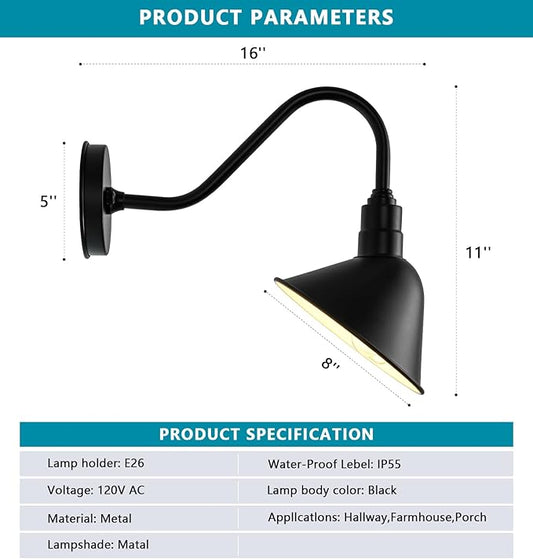 8 Inch Classic Gooseneck Light with Extended Arm, Farmhouse Barn Gooseneck Lightju - Outdoor Sign Lighting, Vintage, Restaurant, Store Sign Light