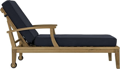 Modway Marina Premium Grade A Teak Wood Outdoor Patio Chaise Lounge Chair in Natural Navy