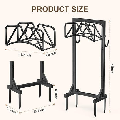 Garden Hose Holder Stand, Heavy Duty Freestanding Hose Holder Rack with 4 Spikes, Holds 150 ft, Outdoor Water Hose Holder for Yard Lawn Garden