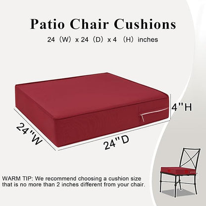 Outdoor Chair Cushions 24x24x4 Inch, Waterproof Red Patio Furniture Cushions Set of 2 with Ties & Handle, 3 Year Color Fastness Square Replacement Seat Cushions for Sofa, Couch