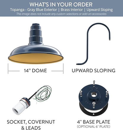 Steel Lighting Co. Topanga Barn Light | Outdoor Wall Mounted | 14 inch Dome | Upward Sloping Gooseneck | Farmhouse Garage Light Made in America | Gray Blue Exterior/Brass Interior
