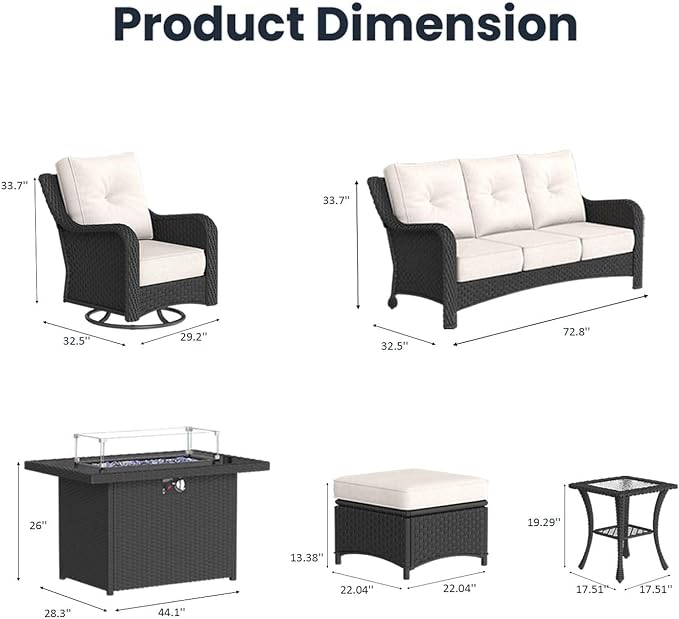 7 Pieces Outdoor Patio Furniture Sets with Rocking Swivel Chairs with 6-inch Thick Cushion and Fire Pit Table for Deck Lawn