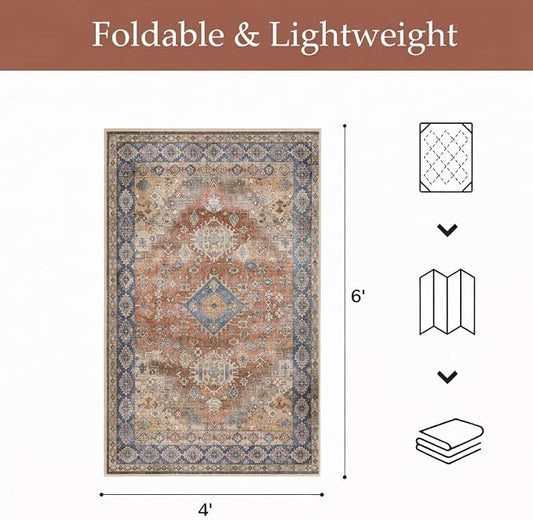 GENIMO Outdoor & Indoor Area Rug 4'x6', Waterproof, Non-Shedding, Easy Cleaning, Boho Mat for Patio, Living Room, Balcony, Dining Room, RV, Deck, Bedroom, Camping, Outside Carpet,Antique Red