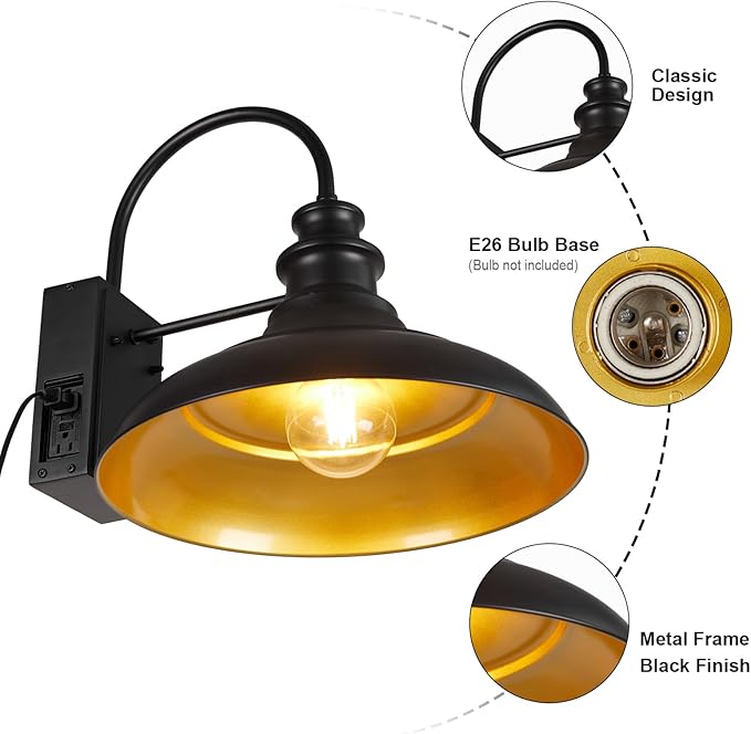 Dusk to Dawn Sensor Outdoor Barn Light with GFCI Outlet, 16 Inch Farmhouse Exterior Wall Sconce, Rustic Lighting Fixture, Industrial Wall Lantern for Garage Shed Patio, STRZ034L-W BK