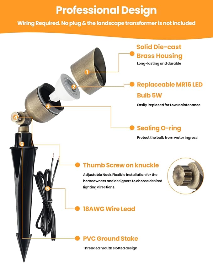 Cheopha Solid Brass Low Voltage Outdoor Spotlight, 12V Landscape Lighting, Compact Size Low Voltage Spot Light with Replaceable 5W MR16 LED Bulb 2700K, IP65 Outdoor Spotlights for Yard Garden 1-Pack