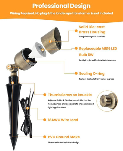 Cheopha Solid Brass Low Voltage Outdoor Spotlight, 12V Landscape Lighting, Compact Size Low Voltage Spot Light with Replaceable 5W MR16 LED Bulb 2700K, IP65 Outdoor Spotlights for Yard Garden 1-Pack