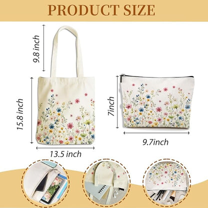 Flower Plant Lover Gifts for Women Canvas Tote Bag with Makeup Bag Cosmetic Bags Grocery Bags for Shopping Christmas