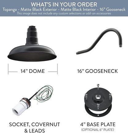 Steel Lighting Co. Topanga Barn Light | Outdoor Wall Mounted | Farmhouse Garage Light Made in America | 14 inch Dome | 16 inch Gooseneck | Matte Black Exterior/Matte Black Interior