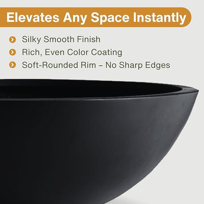 6.9"H x 19.7"D Round Bowl Fiberstone Planter for Succulent and Lotus with Drainage Hole, Smooth Finishes, Weather Resistant for Indoor, Included 2 Extra Coco Mats (Black, 17.9" Pot Opening)