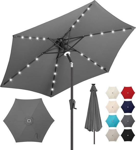 10ft Solar Patio Umbrella - Outdoor Umbrella with Centre Surround Light 24 LED Beads, Market Table Umbrella with Tilt & Crank for Pool, Porch, Garden, Deck, Backyard UV Protection(Anthracite)