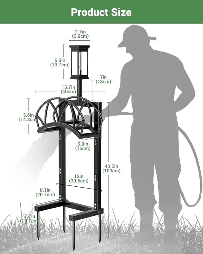 HZE Garden Hose Holder, Freestanding Water Hose Reel Stand for Outside with Solar Light, Heavy Duty Detachable Metal Storage Rack Holds 160 FT for Yard Lawn Farm, Black