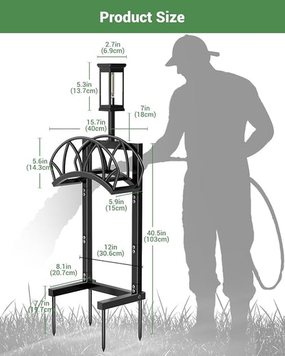 HZE Garden Hose Holder, Freestanding Water Hose Reel Stand for Outside with Solar Light, Heavy Duty Detachable Metal Storage Rack Holds 160 FT for Yard Lawn Farm, Black