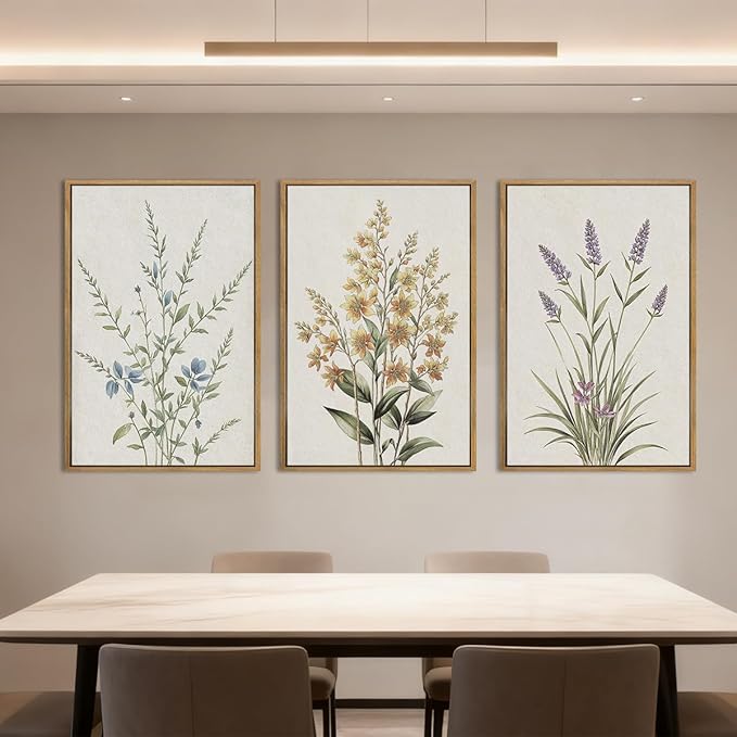 Anyzal Large Framed Botanical Wall Art 16x24 Inch Modern Floral Canvas Art Prints Neutral Beige Wildflower Wall Decor for Living Room Bedroom Dining Room Office Set of 3