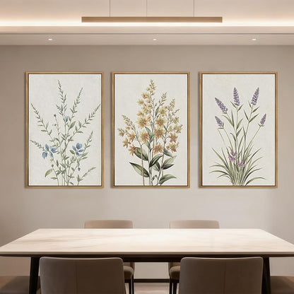 Anyzal Large Framed Botanical Wall Art 16x24 Inch Modern Floral Canvas Art Prints Neutral Beige Wildflower Wall Decor for Living Room Bedroom Dining Room Office Set of 3