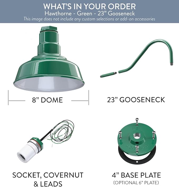 Steel Lighting Co. | Dusk to Dawn | Hawthorne Barn Light | Outdoor Wall Mounted | 8 in Dome | 23 inch Gooseneck| Small Farmhouse Light Made in America | Green Exterior/White Interior