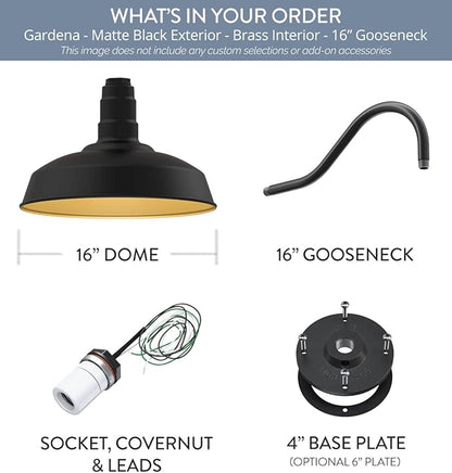 Steel Lighting Co. Gardena Barn Light | Outdoor Wall Mounted | 16" Dome | 16" Gooseneck | Farmhouse Light Made in America | Matte Black Exterior/Brass Interior
