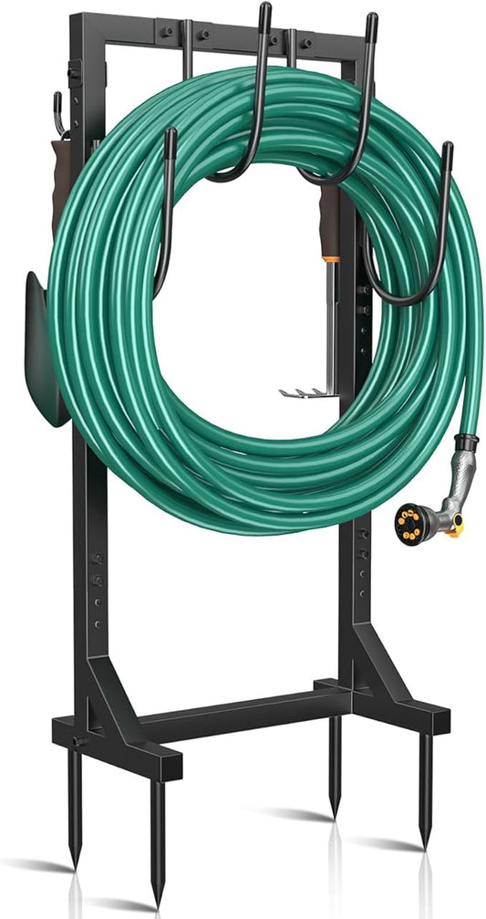 Winpull Garden Hose Holder, Metal Freestanding Hose Stand with 4 Spikes, Holds up to 150FT Hose, Sturdy Hose Reel Alternative, Heavy Duty Hose Storage for Outside Yard Lawn