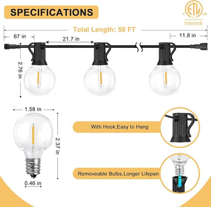 COOS BAY Outdoor Solar Powered String Lights 50 Feet G40 with 25 Shatterproof Bulbs (2 Spare), 4 Lighting Modes for Garden, Porch, Patio Gazebo Canopy Decor - Waterproof, E12 Base, 2700K