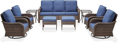 Patio Wicker Chairs Swivel Rocker Outdoor Rocking Chairs Set of 9 Rattan Furniture Set with Thick Cushion, Sofa, Side Table, Ottomans for Balcony Deck Backyard, Blue