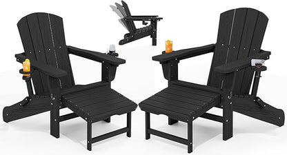 KINGYES Folding Adjustable Adirondack Chair with Retractable Ottoman Set of 2, HDPE Oversized Outdoor Chair with Cup Holder, Wood-Like Reclining Versatile Adirondack Chair, Black