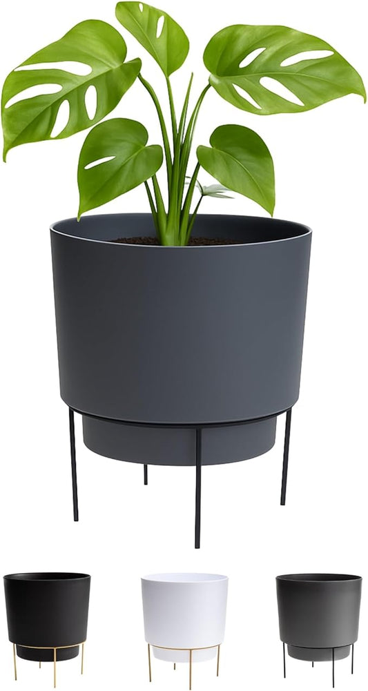 Bloem Hopson Decorative Resin Cachepot with Metal Stand, 10" Indoor and Outdoor Planter with Black Metal Stand, Charcoal