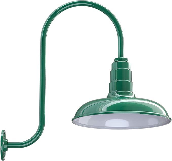 Steel Lighting Co. Topanga Barn Light | Outdoor Wall Mounted | Farmhouse Garage Light Made in America | 14 inch Dome | Upslope Gooseneck | Green Exterior/White Interior
