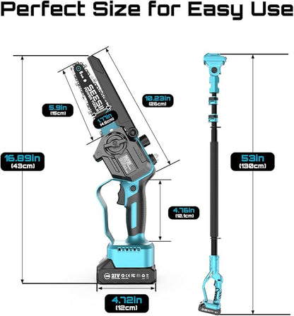SEESII 2-in-1 Electric Pole Saws for Tree Trimming, 6 Inch Mini Chainsaw Cordless with Extension Pole, Battery Powered Pole Chain Saw, Tree Trimmer Limb Branch Cutter Pruner with 2 Battery PS600