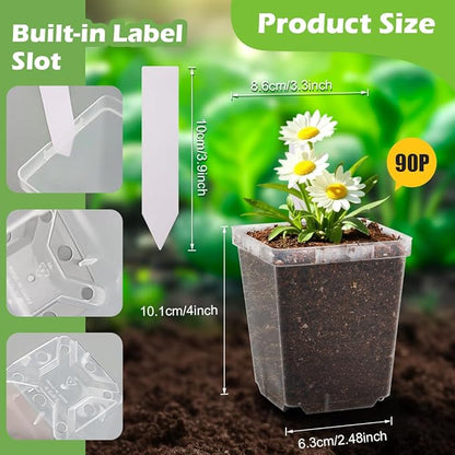 3.3 Inch Clear Nursery Pots with Drainage,90 Pack Square Seedling Pots with Plant Lables,Reusable Seed Starter Pots for Succulents Transplanting Herbs Flowers Tomato Windowsill Gardening