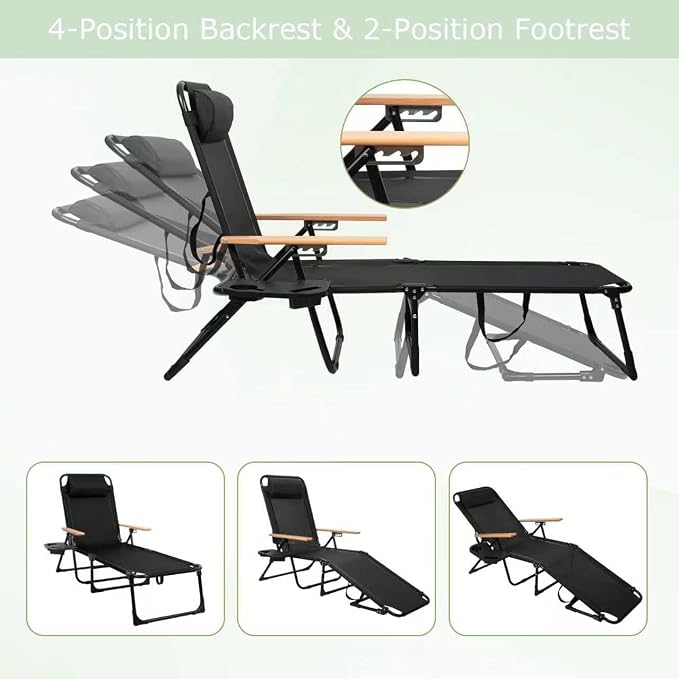 Foldable Chaise Lounge Chair Outdoor, Tanning Chair with 4-Position Reclining Back, Folding Sun Lounger, Outdoor Lounge Chair for Beach, Poolside, Backyard, Camping, UPF 50+, 300 LBS