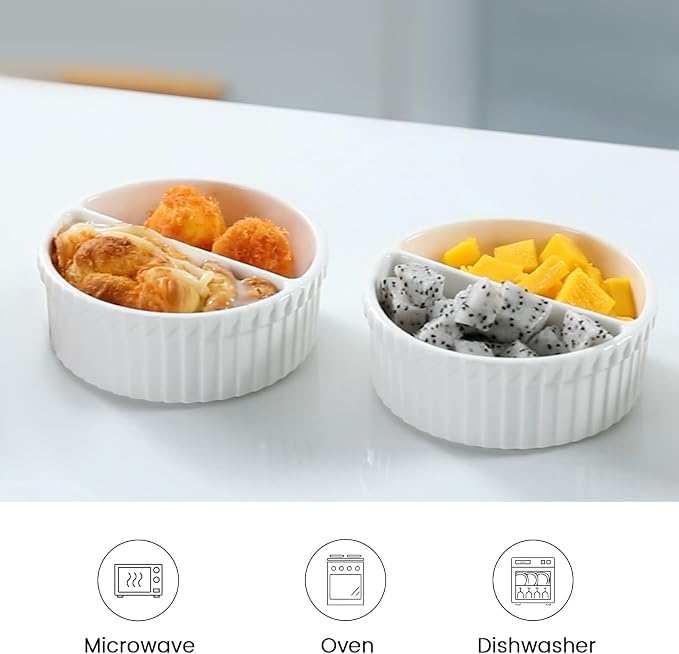 Cinf 10 oz White Ceramic Split Serve Rakemins 2 PACK Creme Brulee Set Separator Sauce Bowls Souffle Dish for Baking Oven Safe to 500F