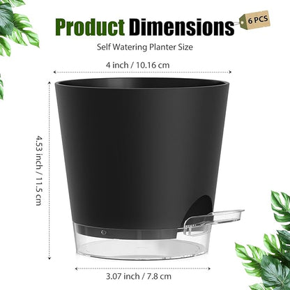 Plant Pots 4 Inch Self Watering Pots,6 Pack Plastic Planters with Drainage Holes and Clear Saucers,Plastic Flower Pots,Nursery Planting Pot for Indoor Out Door Plants (Black, 4 inch)