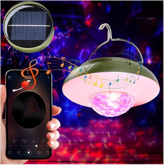 1 Pack Solar Camping Lantern with DJ Disco Ball, RGB Color Changing LED Tent Light, Music Sync Strobe Party Lights, USB Rechargeable Portable Hanging Lamp, Waterproof for Outdoor Christmas Decor Gifts