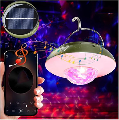 1 Pack Solar Camping Lantern with DJ Disco Ball, RGB Color Changing LED Tent Light, Music Sync Strobe Party Lights, USB Rechargeable Portable Hanging Lamp, Waterproof for Outdoor Christmas Decor Gifts