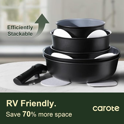 CAROTE 19pcs Ceramic Cookware Set Detachable Handle,Pots and Pans Non Stick | Kitchen Cooking Sets, Space Saving, Dishwasher & Oven Safe, Non-Toxic, for Camping/RV/Traveling, Black/Grey
