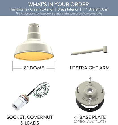 Steel Lighting Co. | Dusk to Dawn | Hawthorne Barn Light | Outdoor Wall Mounted | 8 in Dome | 11 inch Straight Arm| Small Farmhouse Light Made in America | Cream/Brass
