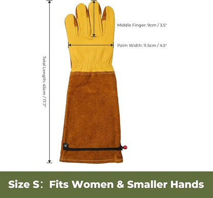 Aegend Long Gardening Gloves, Reinforced Fingertips Cowhide Leather, Elbow-Length Gauntlet Cuff, Breathable & Flexible for Rose Pruning, Planting & Weeding, Fit for Small Hands (Gold Yellow, S)