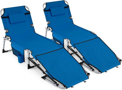 GYMAX Tanning Chair, 330LBS Beach Lounge Chair with Face Arm Hole & Hand Shoulder Strap, Folding Layout Sunbathing Chair, Face Down Outdoor Chaise Lounger for Patio, Poolside, Lawn, Backyard (2, Blue)