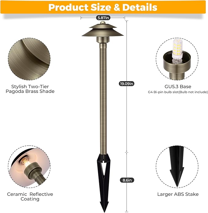 Gardencoin Solid Brass Low Voltage Landscape Pathway Lights (6'' Shade, 19'' Tall), 12V LED Heavy Duty Path Lighting Outdoor Wired, Waterproof Antique Bronze Walkway Light Without G4 Bulb, 4 Pack