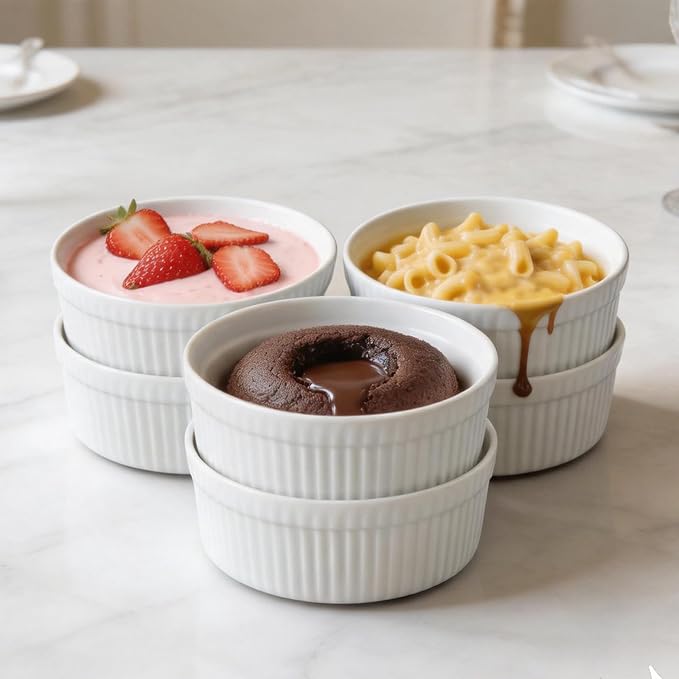 Cinf White 10 oz Set of 6 Souffle Dishes Ramekins Oven Microwave Safe Bowls Creme Brulee Sauce Cups for Baking Cooking Porcelain Individual Serving Size for Desserts