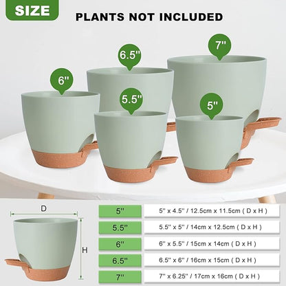 Plant Pots Indoor 7/6.5/6/5.5/5 Inch Self Watering Planters for Indoor Plants with Drainage Hole, Plastic Flower Pots for Succulents, African Violet (Green)